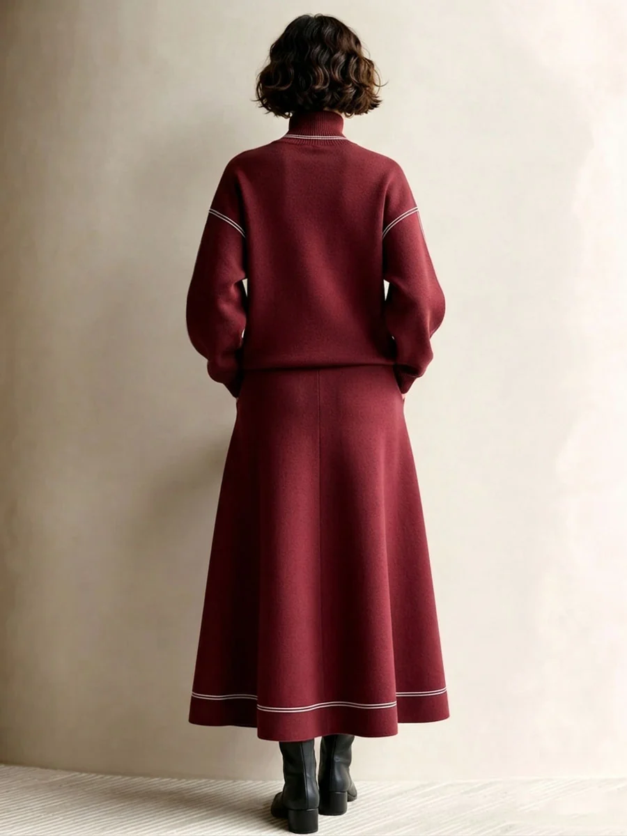 SERENA | Elegante conjunto completo burdeos con jersey de cuello alto y falda midi