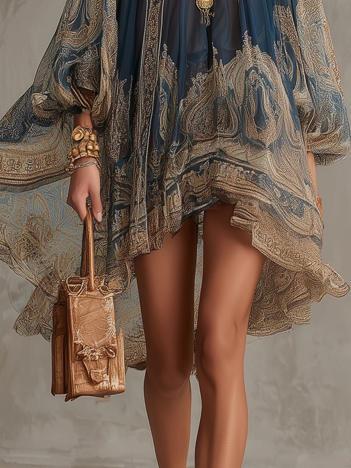 Vestido corto elegante de gasa azul marino con estampado barroco, cuello alto y dobladillo asimétrico