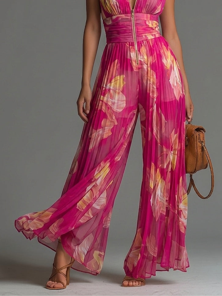 Mono fucsia floral de gasa, sin mangas, con cremallera y pierna ancha