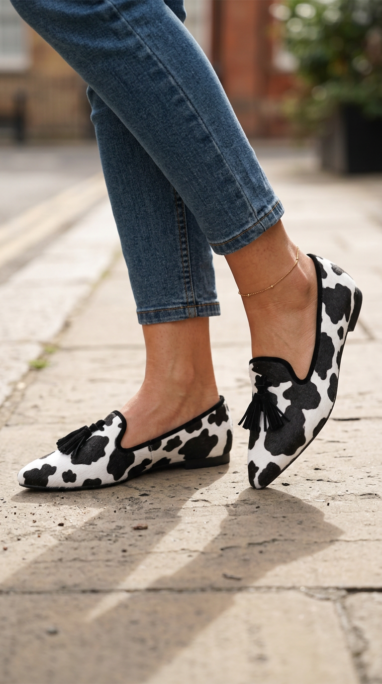 Mocasín Ginevra — Elegante estampado de piel de vaca en blanco y negro con borlas negras