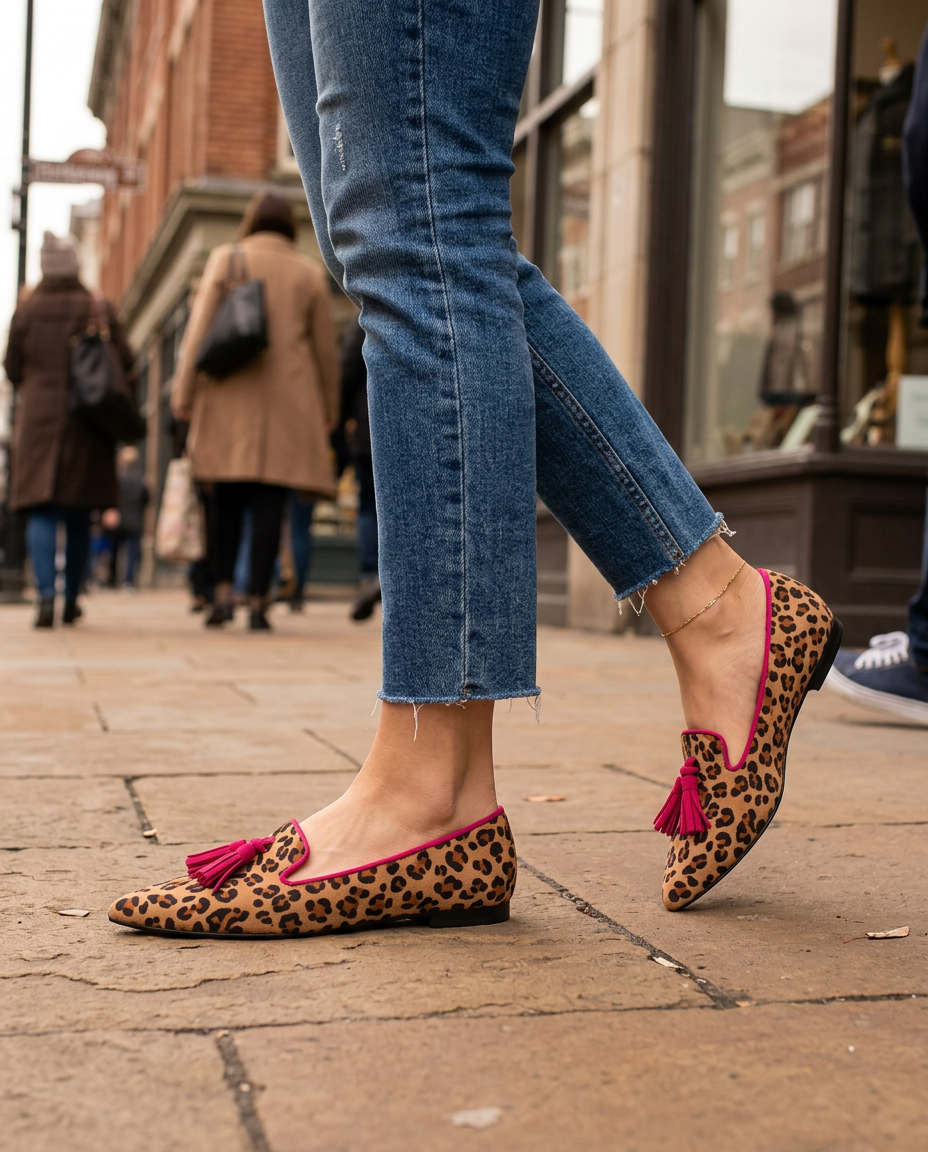 Mocasín Ginebra de Gamuza con Estampado Leopardo y Borlas Fucsia