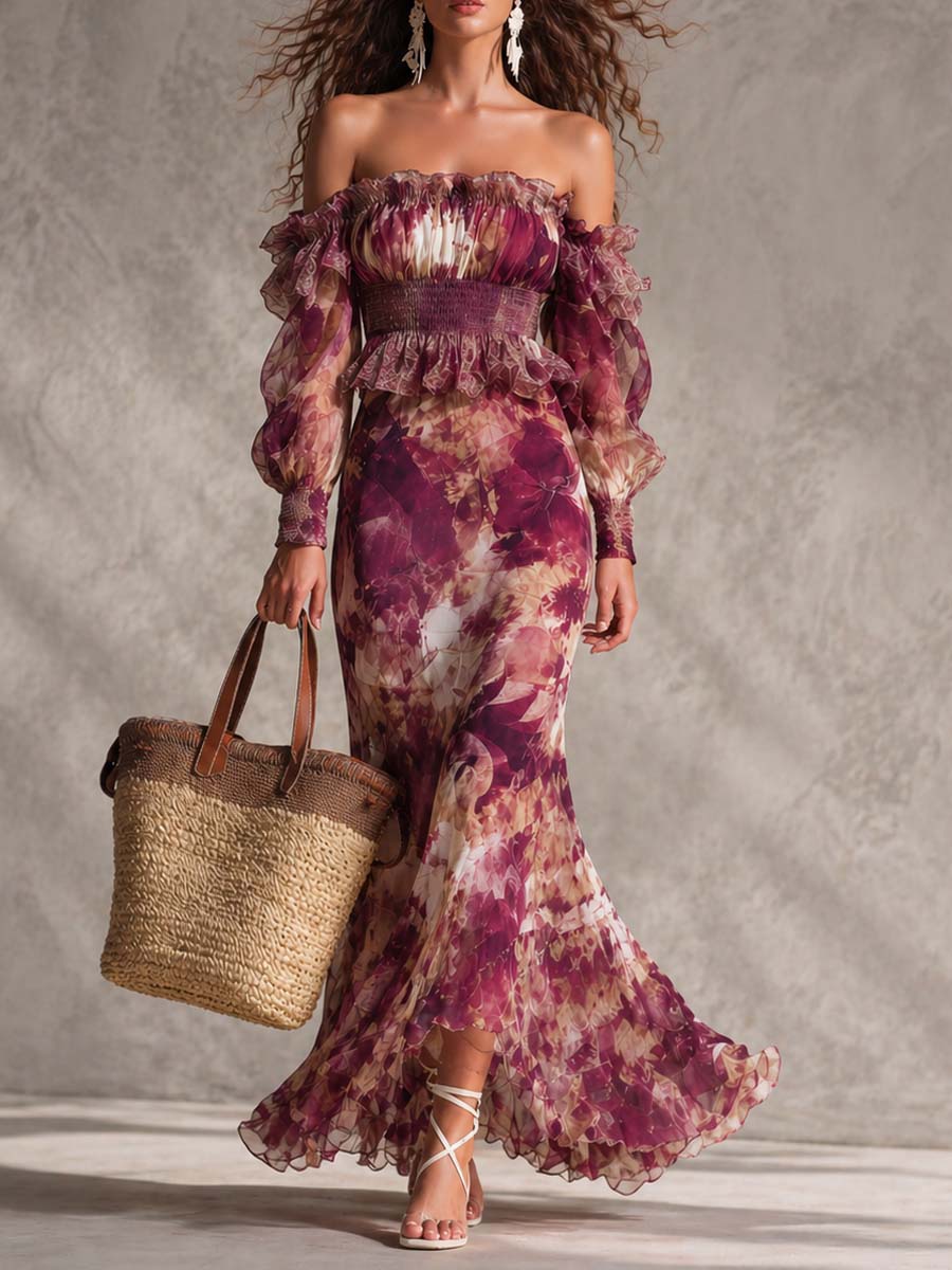 Elegante vestido largo de gasa floral en rosa empolvado con hombros descubiertos