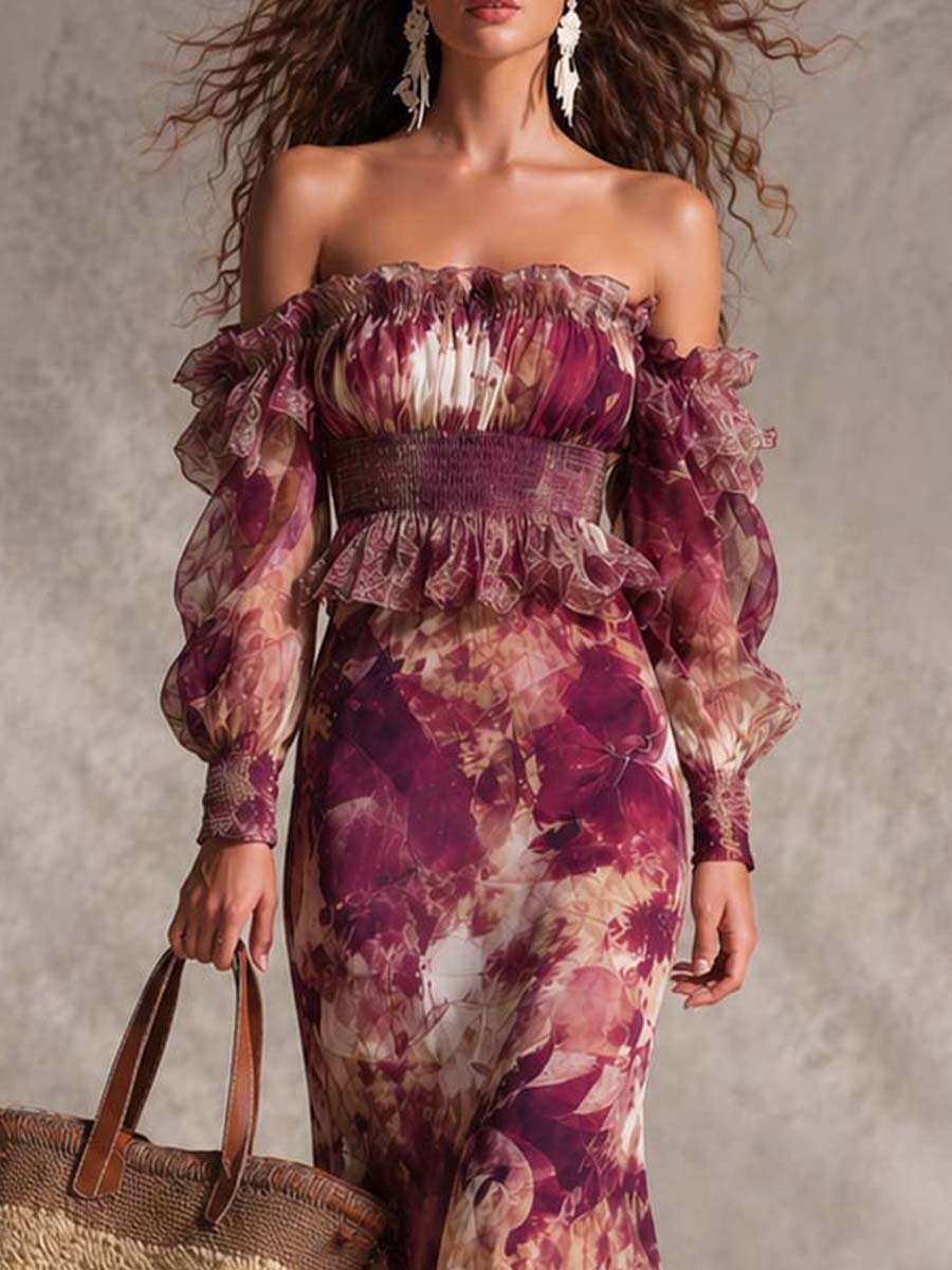 Elegante vestido largo de gasa floral en rosa empolvado con hombros descubiertos