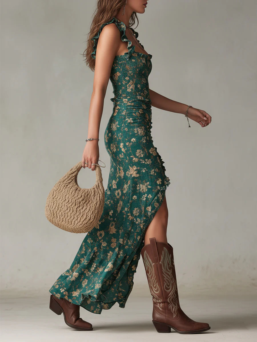 Vestido largo verde de estilo bohemio con elegantes volantes