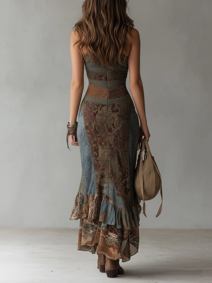 Elegante vestido largo con estampado étnico, de un solo hombro y abertura alta