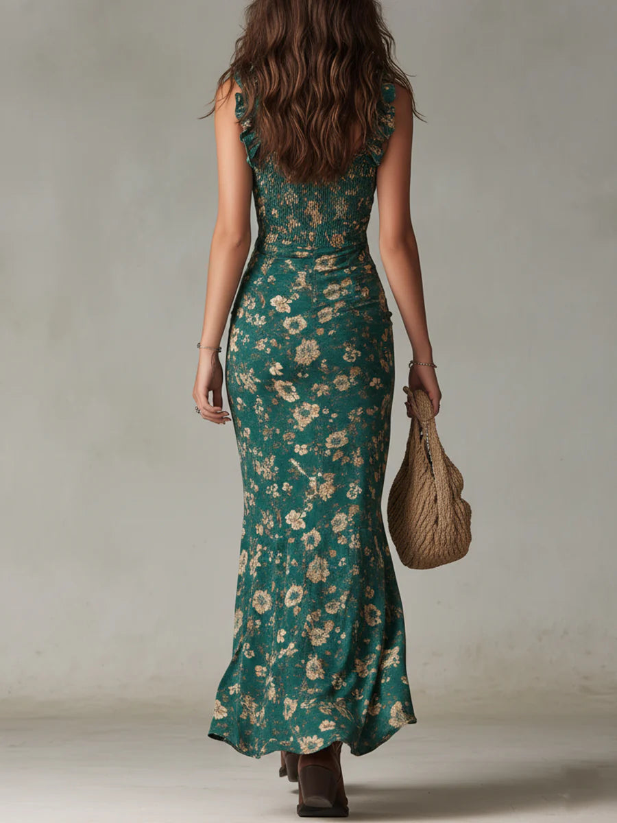 Vestido largo verde de estilo bohemio con elegantes volantes
