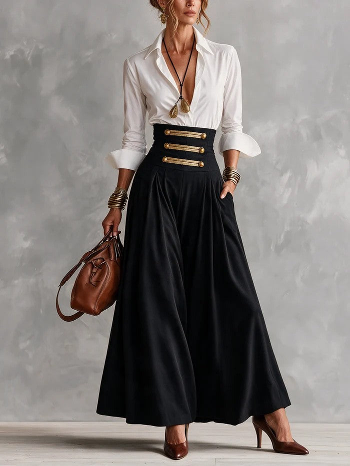AMBRA | Elegante conjunto con camisa blanca y falda de cintura alta con botones dorados
