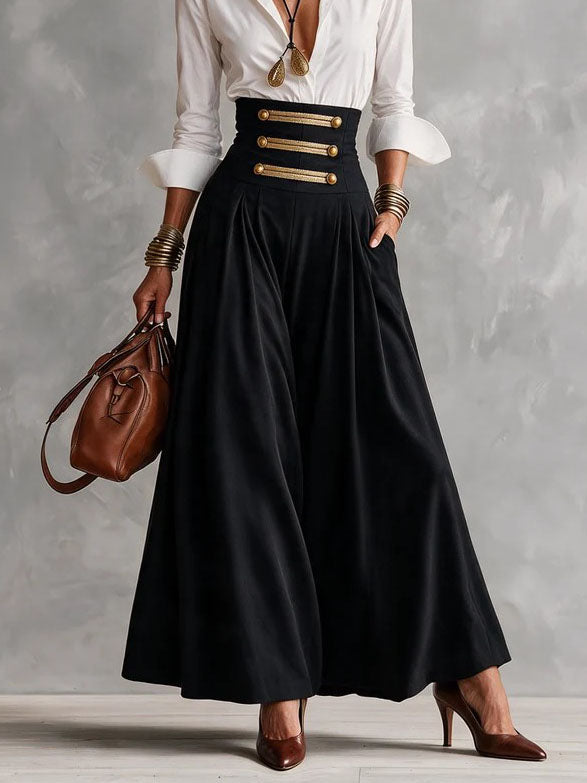 AMBRA | Elegante conjunto con camisa blanca y falda de cintura alta con botones dorados
