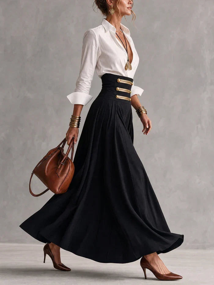 AMBRA | Elegante conjunto con camisa blanca y falda de cintura alta con botones dorados