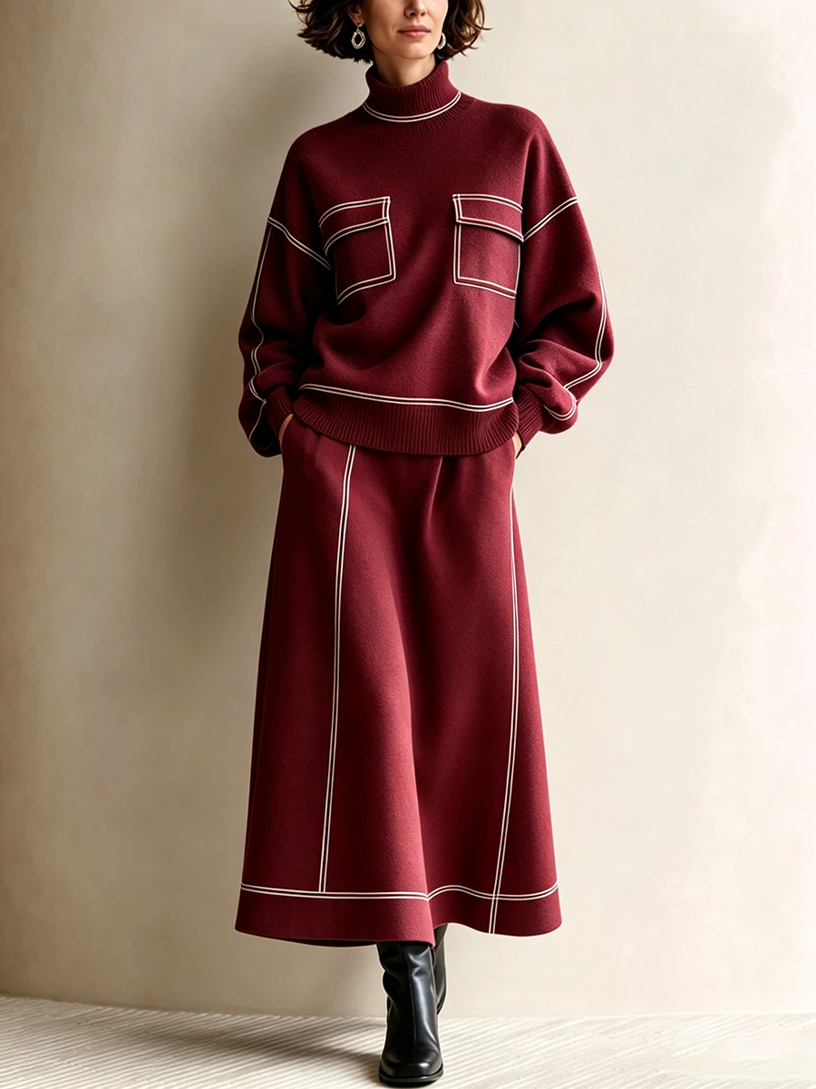SERENA | Elegante conjunto completo burdeos con jersey de cuello alto y falda midi