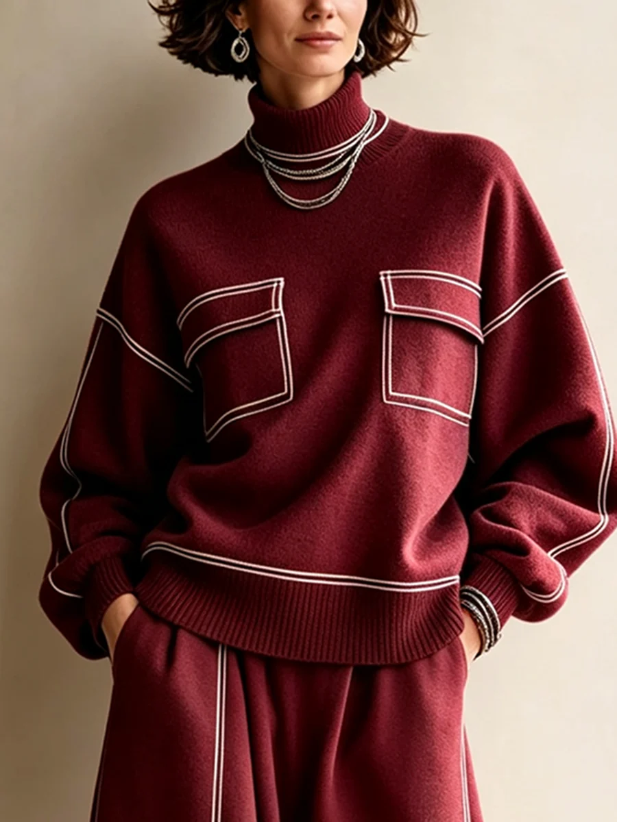 SERENA | Elegante conjunto completo burdeos con jersey de cuello alto y falda midi