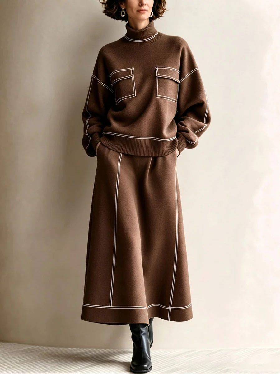 SERENA | Elegante conjunto completo burdeos con jersey de cuello alto y falda midi
