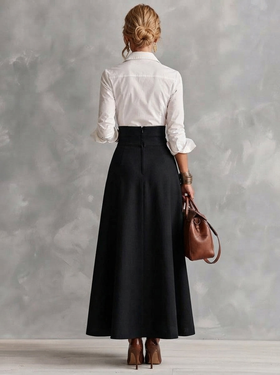 AMBRA | Elegante conjunto con camisa blanca y falda de cintura alta con botones dorados