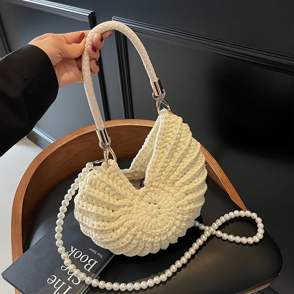 Tamara | Elegante bolso tote trenzado con correa de cadena – Blanco crema