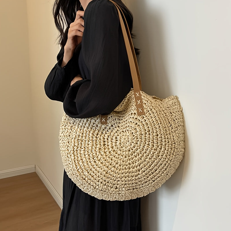 Lisa | Elegante bolso redondo de paja trenzada – Beige