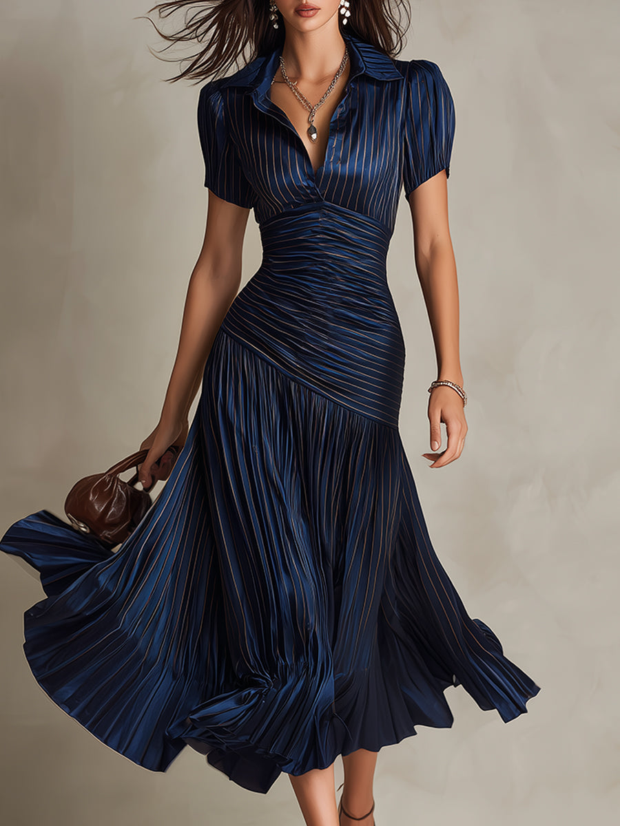 Adriana | Vestido midi de satén a rayas con encanto retro