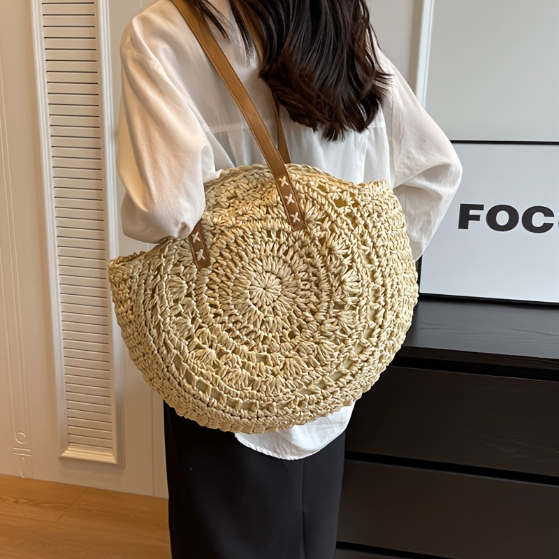 Luigia | Bolso redondo de paja trenzada con un elegante diseño — Beige natural