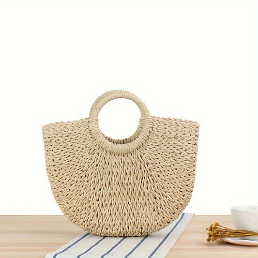 Ottavia | Elegante bolso de media luna de paja trenzada en beige natural