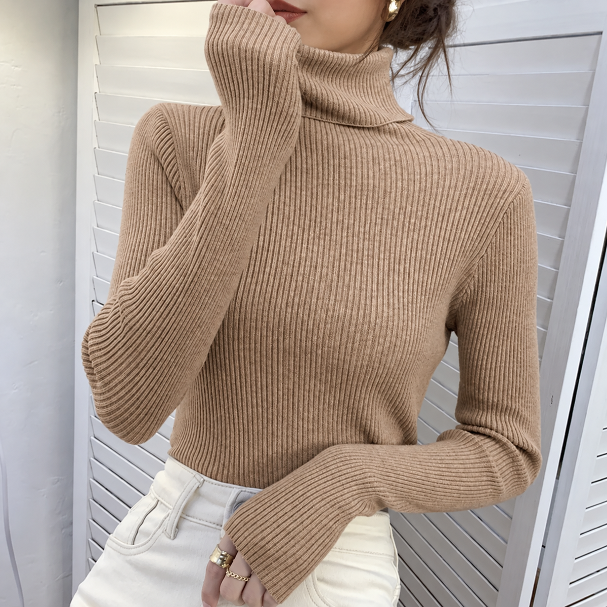 Suéter de cuello alto para mujer, jersey de punto suave para otoño e invierno