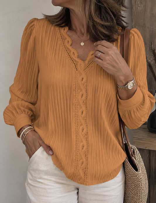 Blusa elegante con encaje calado, cuello en V y mangas largas, top básico informal de diseño liso y corte regular