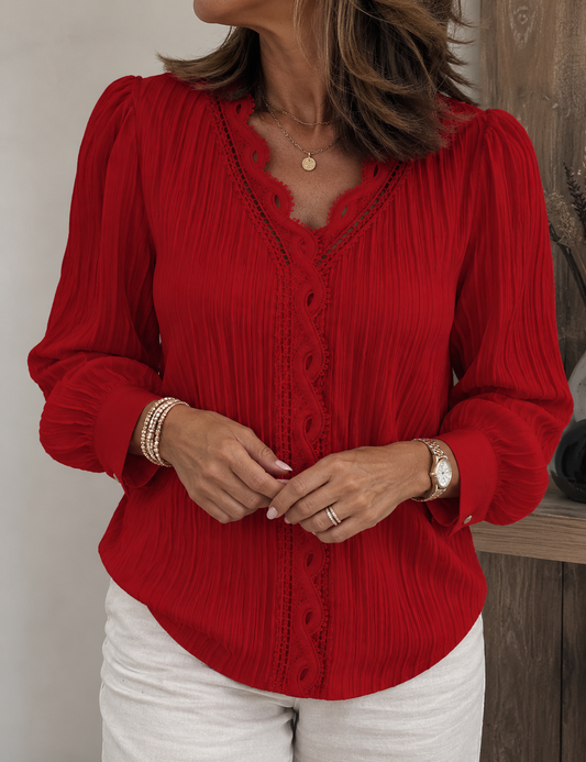 Blusa elegante con encaje calado, cuello en V y mangas largas, top básico informal de diseño liso y corte regular