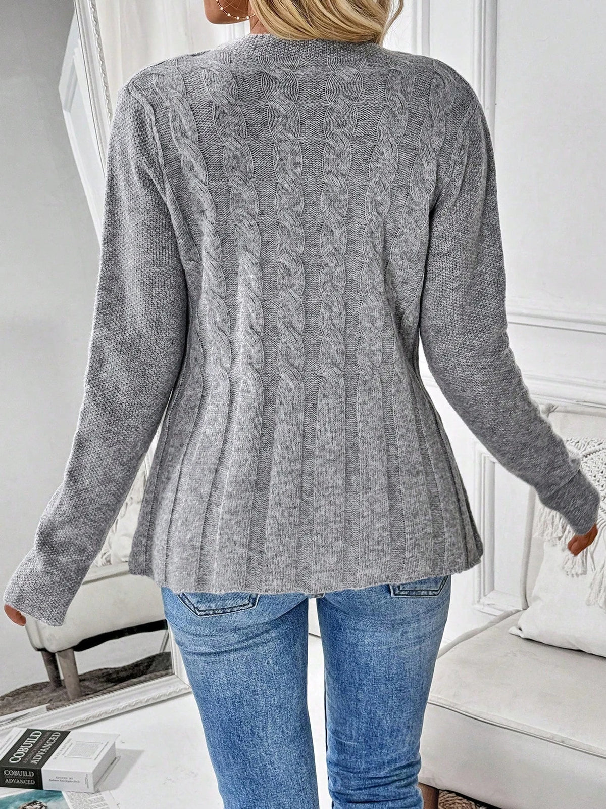 Suéter tipo cárdigan de punto para mujer, de color liso y manga larga, para otoño e invierno