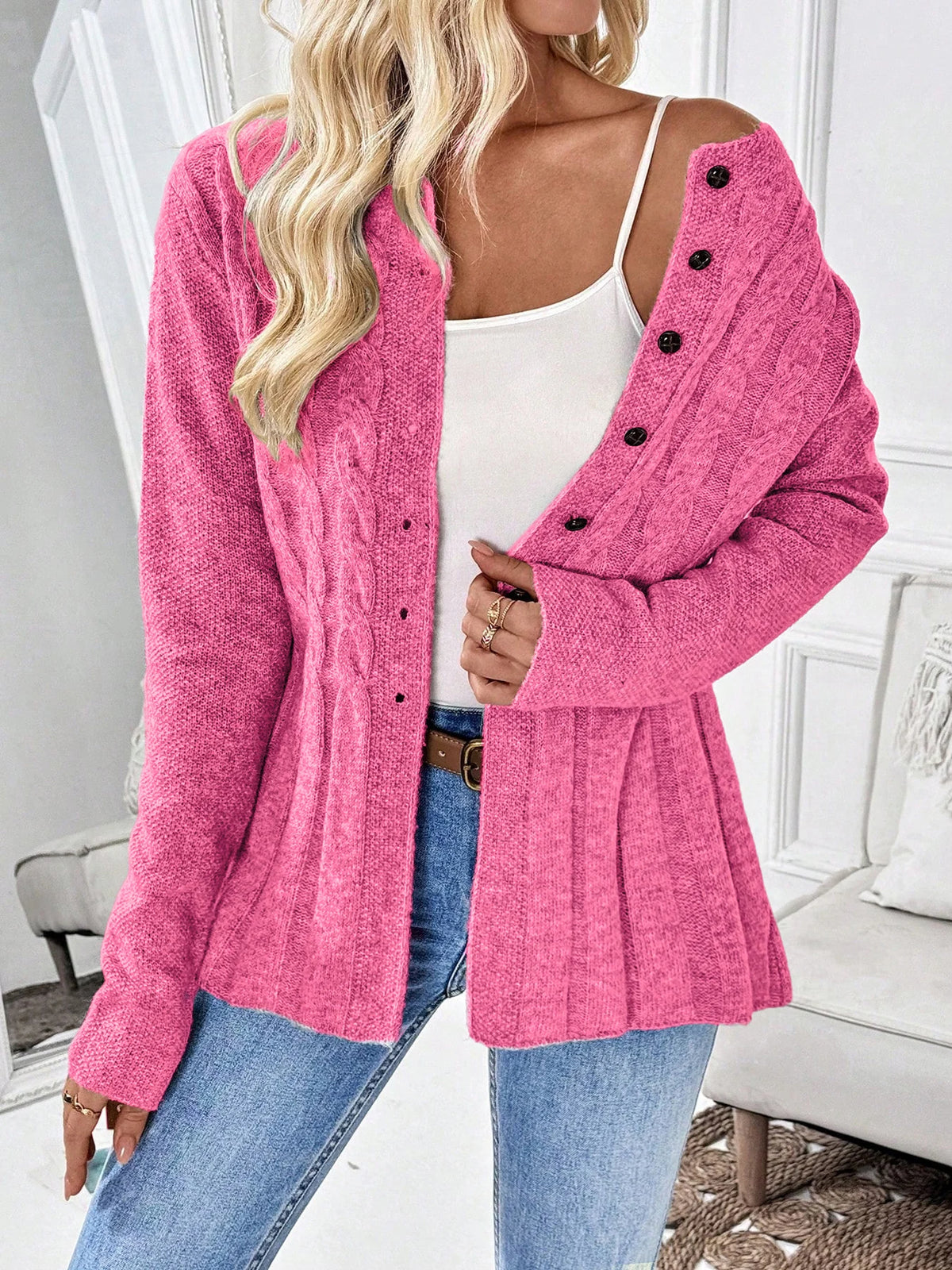 Suéter tipo cárdigan de punto para mujer, de color liso y manga larga, para otoño e invierno