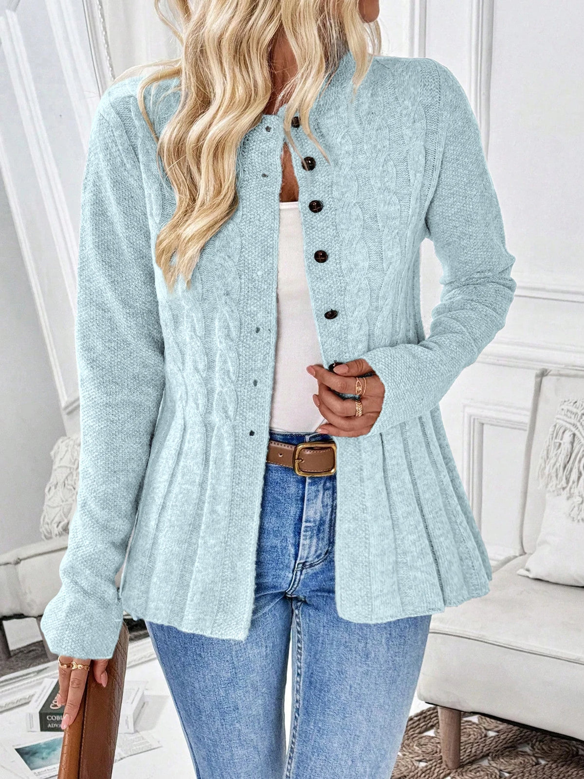 Suéter tipo cárdigan de punto para mujer, de color liso y manga larga, para otoño e invierno