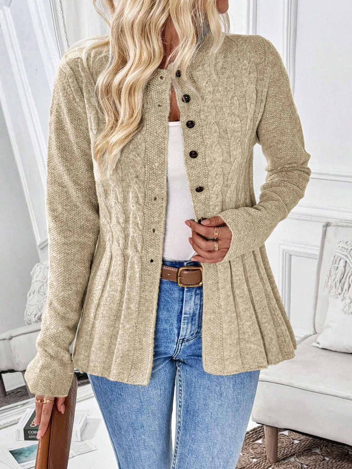 Suéter tipo cárdigan de punto para mujer, de color liso y manga larga, para otoño e invierno