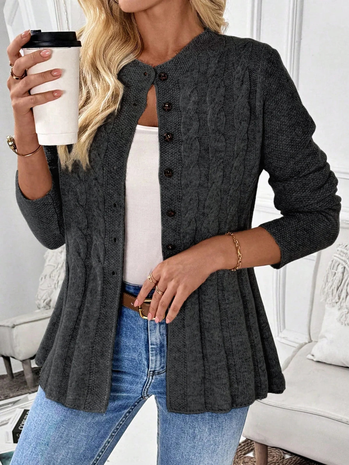 Suéter tipo cárdigan de punto para mujer, de color liso y manga larga, para otoño e invierno