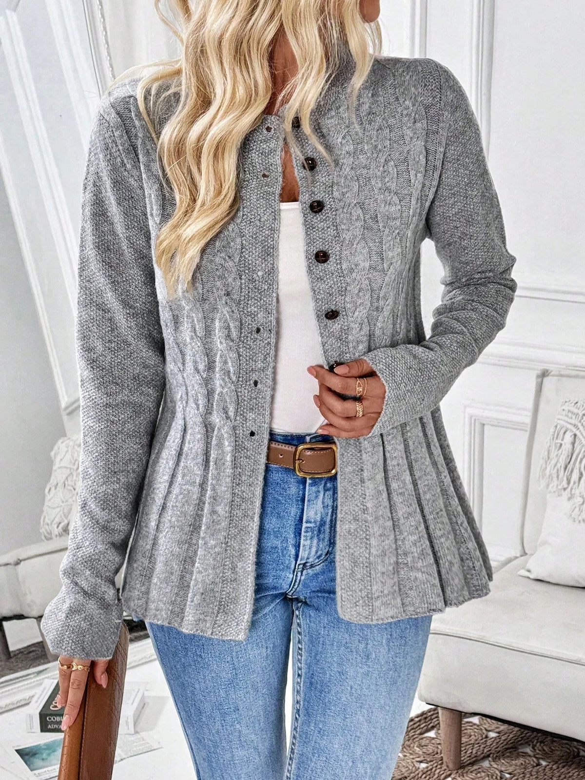 Suéter tipo cárdigan de punto para mujer, de color liso y manga larga, para otoño e invierno