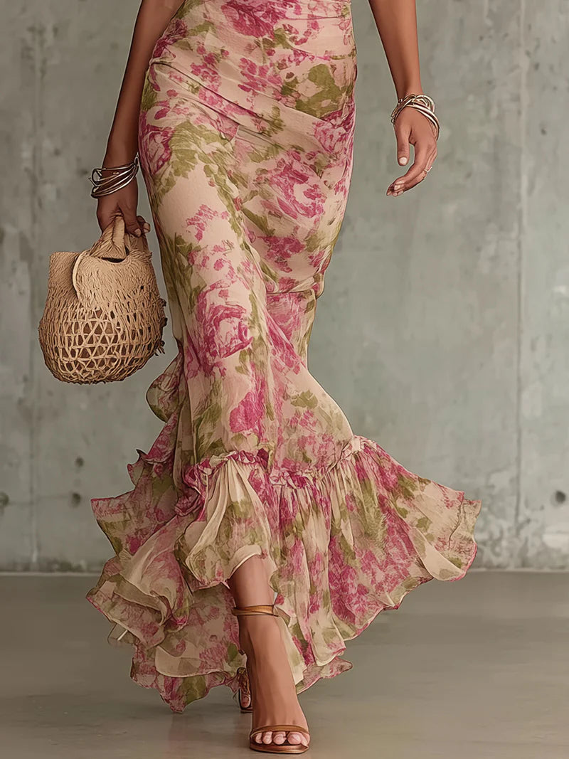 Vestido largo vintage con estampado de rosas y elegantes mangas abullonadas (accesorios no incluidos)
