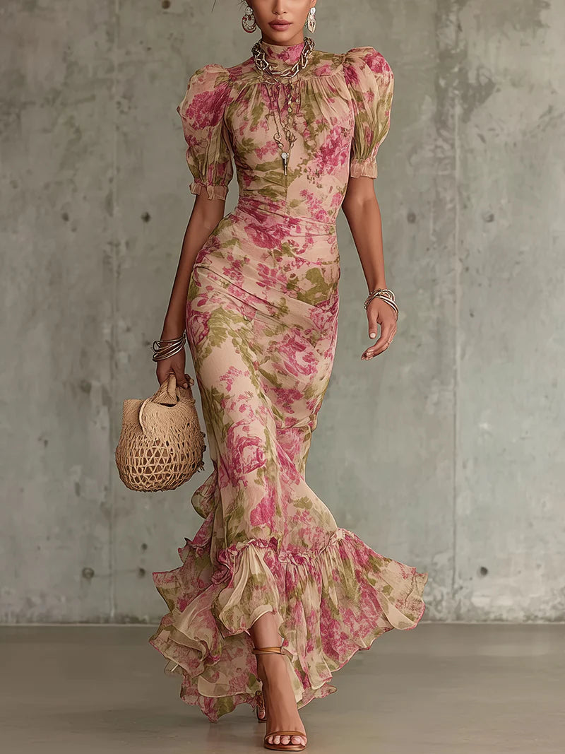Vestido largo vintage con estampado de rosas y elegantes mangas abullonadas (accesorios no incluidos)