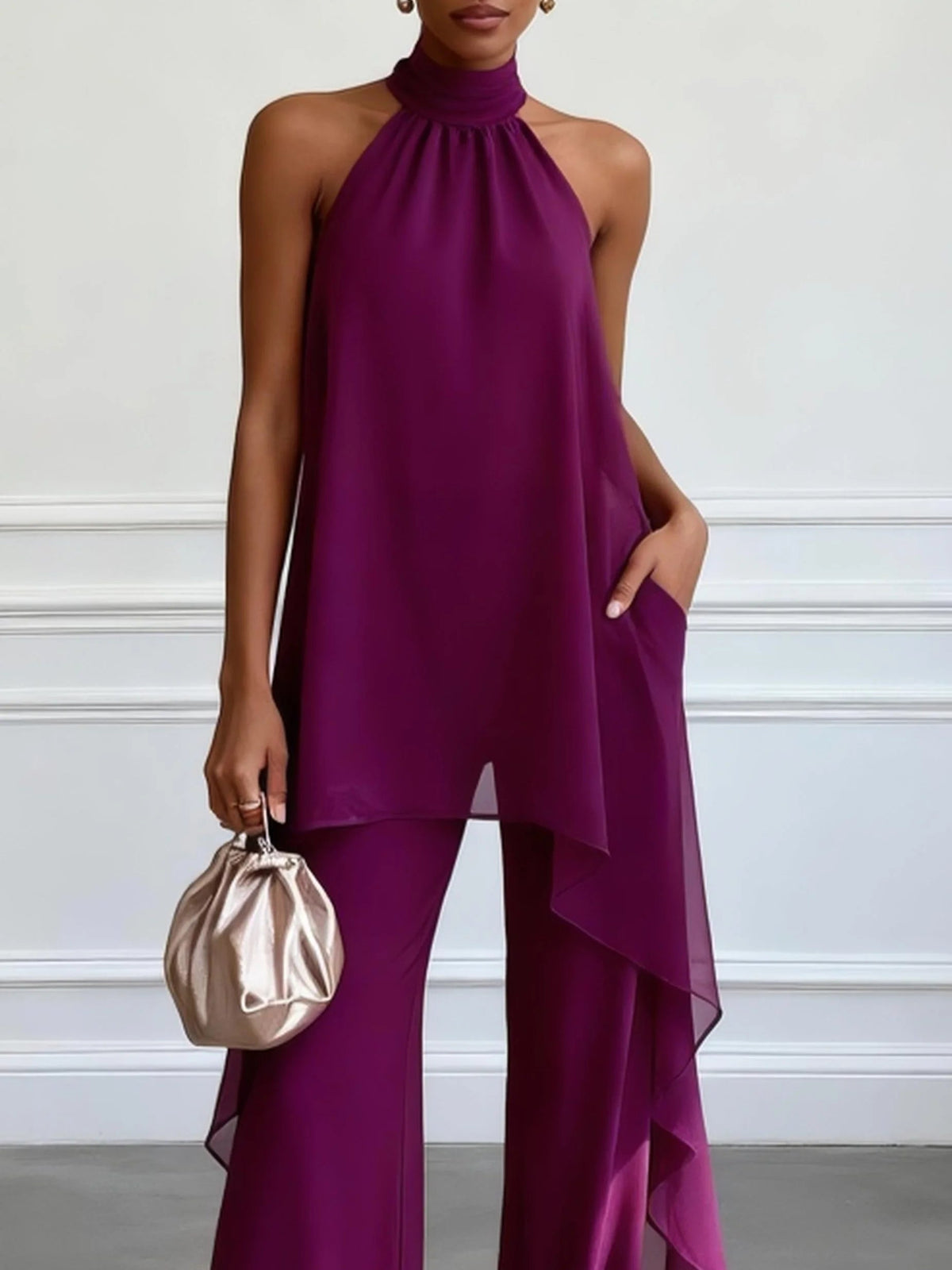 Conjunto morado de dos piezas para mujer: top elegante sin mangas con escote halter y pantalones a juego