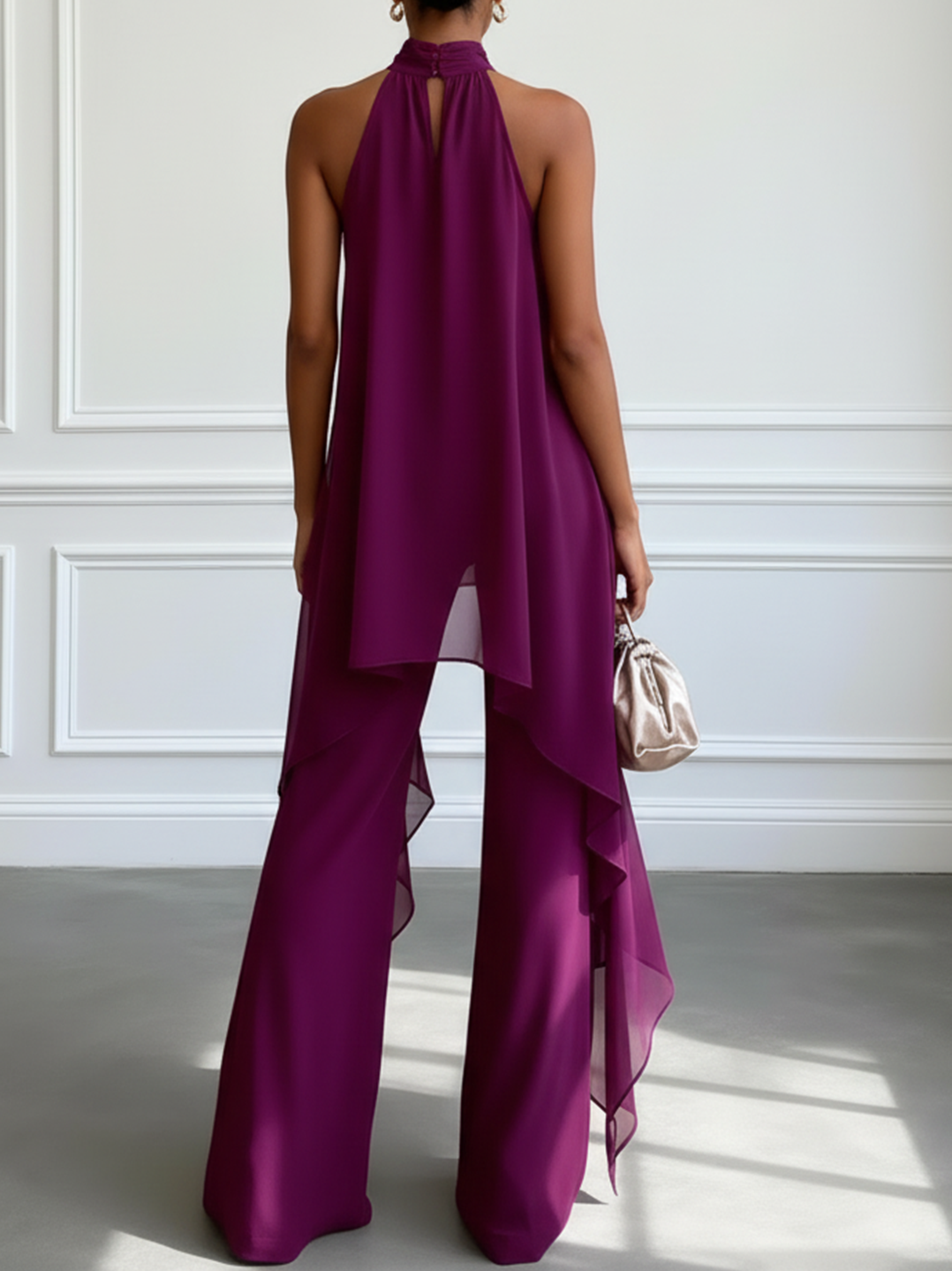 Conjunto morado de dos piezas para mujer: top elegante sin mangas con escote halter y pantalones a juego
