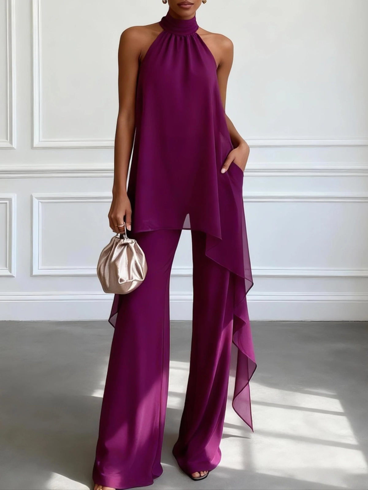 Conjunto morado de dos piezas para mujer: top elegante sin mangas con escote halter y pantalones a juego