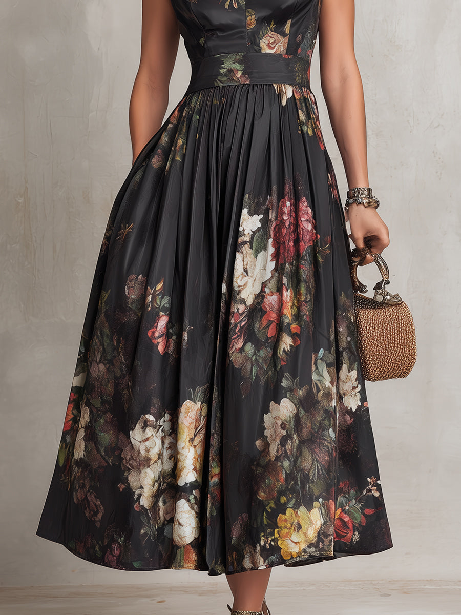 Vestido midi negro de satén con pliegues, estampado floral y elegante escote tipo lágrima