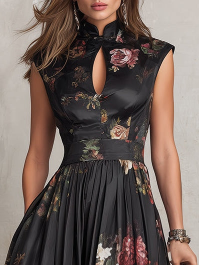 Vestido midi negro de satén con pliegues, estampado floral y elegante escote tipo lágrima