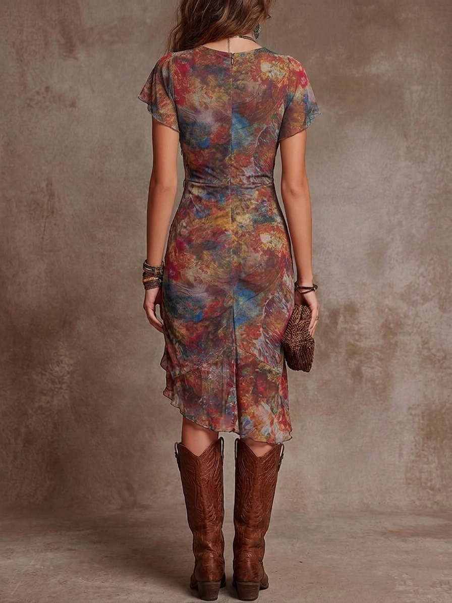 Vestido midi plisado bohemio con escote en V y elegante estampado abstracto artístico