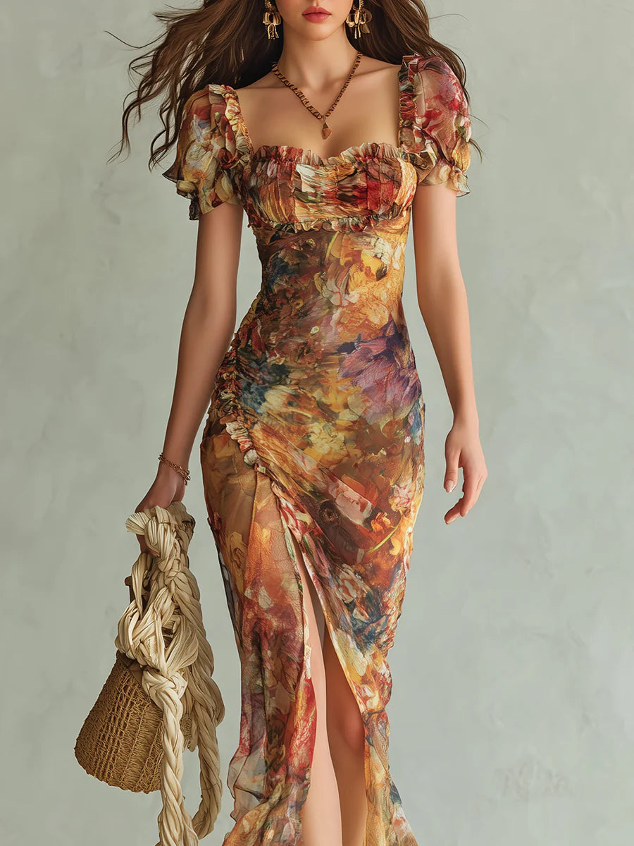 Vestido largo bohemio de gasa naranja con elegante estampado artístico al óleo, perfecto para las vacaciones