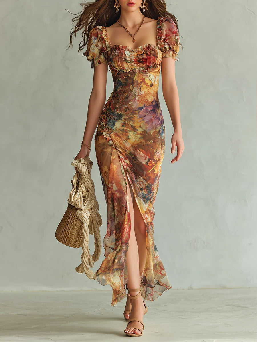 Vestido largo bohemio de gasa naranja con elegante estampado artístico al óleo, perfecto para las vacaciones