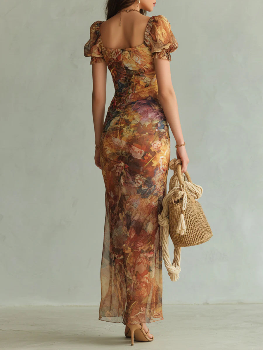 Vestido largo bohemio de gasa naranja con elegante estampado artístico al óleo, perfecto para las vacaciones