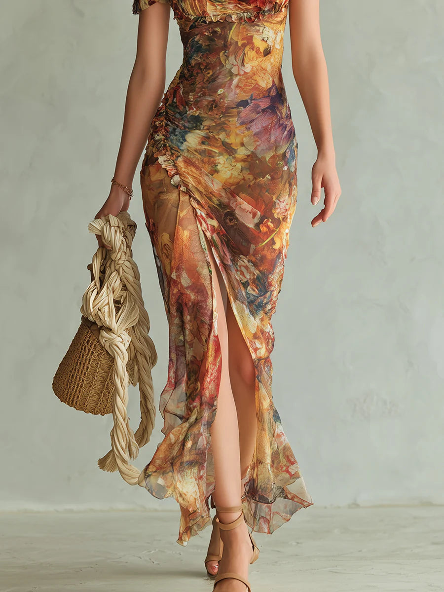 Vestido largo bohemio de gasa naranja con elegante estampado artístico al óleo, perfecto para las vacaciones