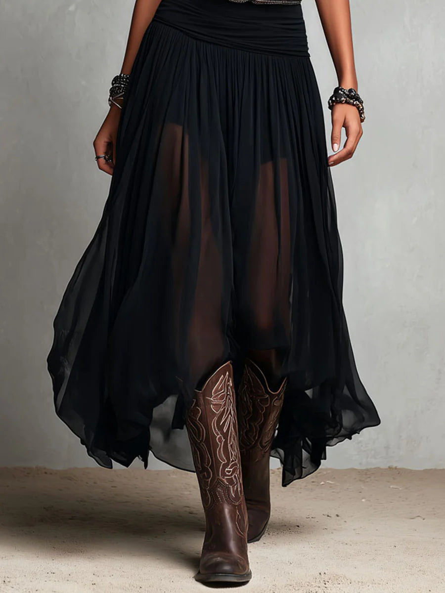 Vestido maxi largo negro con top sin mangas, falda de tul y cinturón elegante