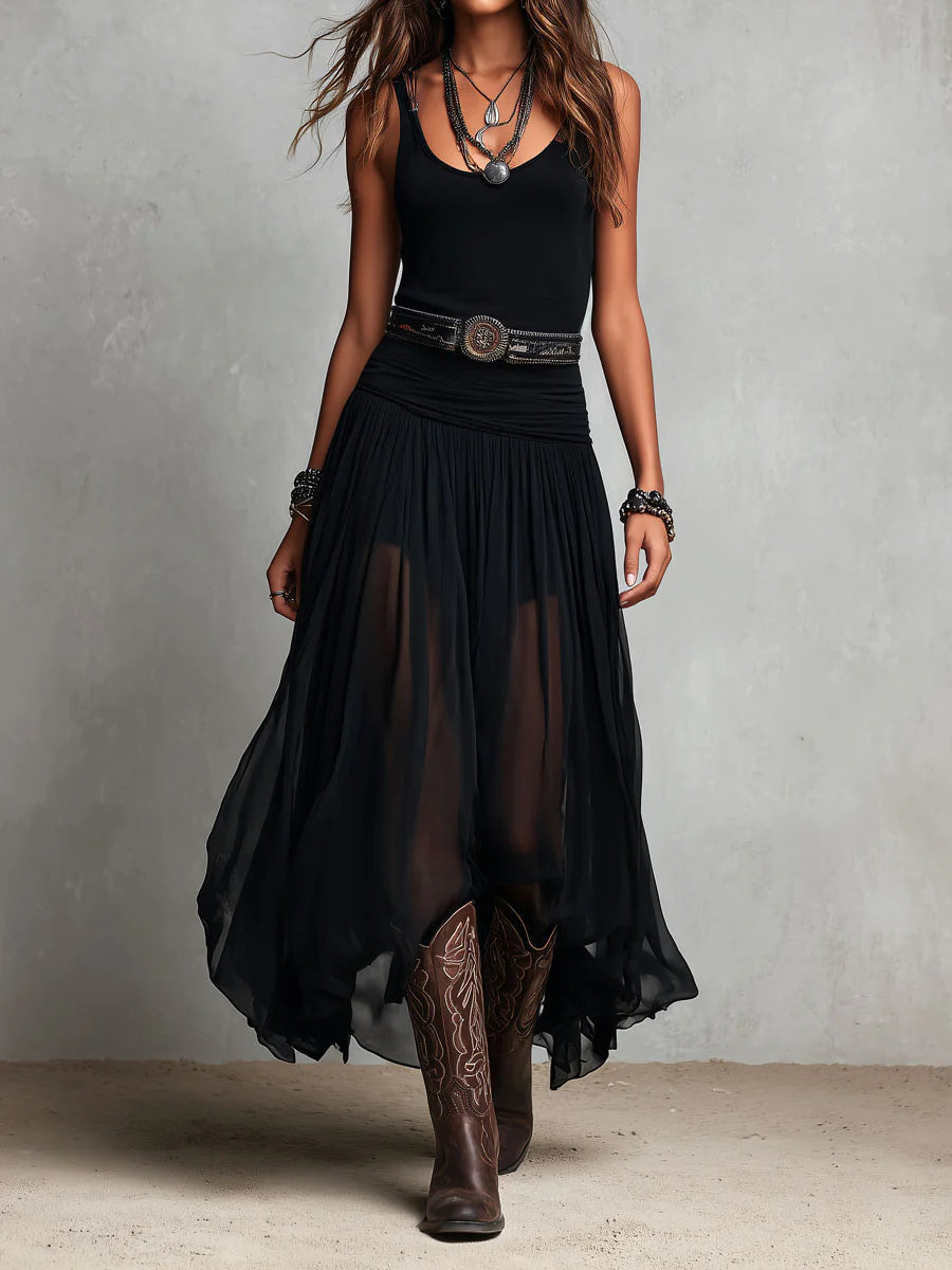 Vestido maxi largo negro con top sin mangas, falda de tul y cinturón elegante