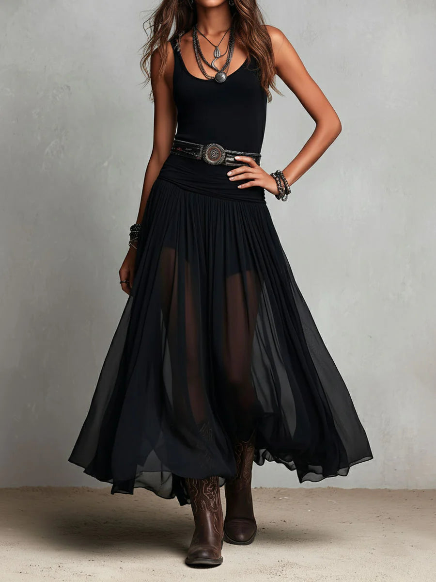 Vestido maxi largo negro con top sin mangas, falda de tul y cinturón elegante