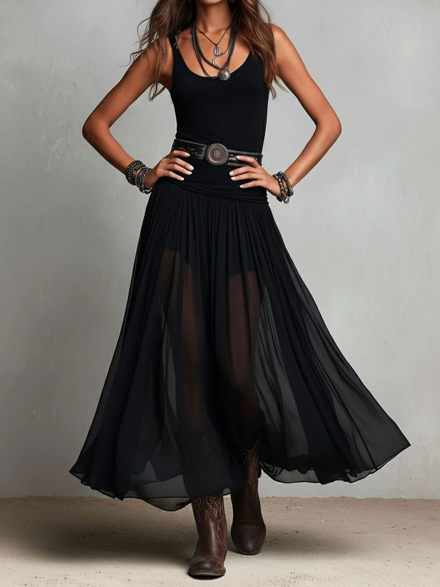 Vestido maxi largo negro con top sin mangas, falda de tul y cinturón elegante