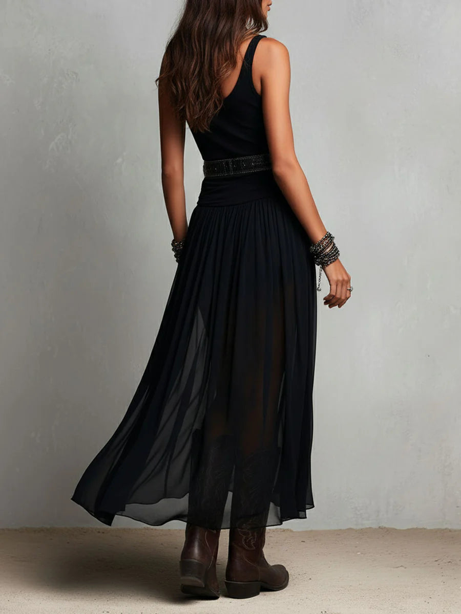 Vestido maxi largo negro con top sin mangas, falda de tul y cinturón elegante
