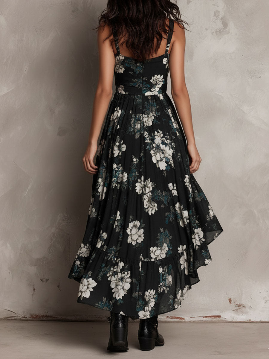 Vestido largo negro boho con estampado floral, sin tirantes y dobladillo asimétrico