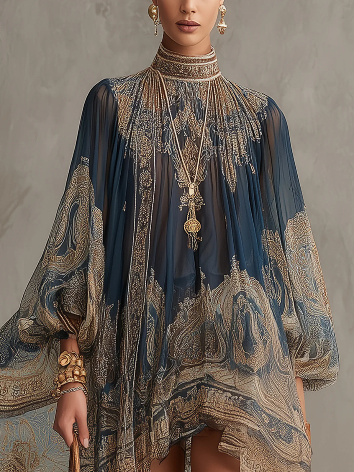 Vestido corto elegante de gasa azul marino con estampado barroco, cuello alto y dobladillo asimétrico
